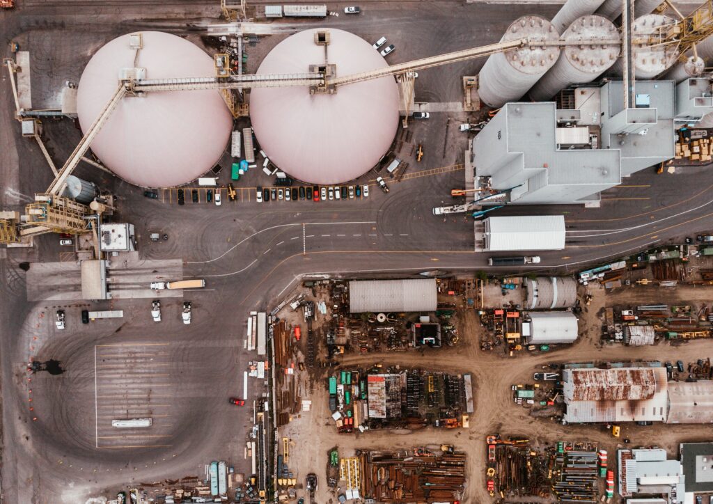 An aerial shot of a modern day industrial complex.